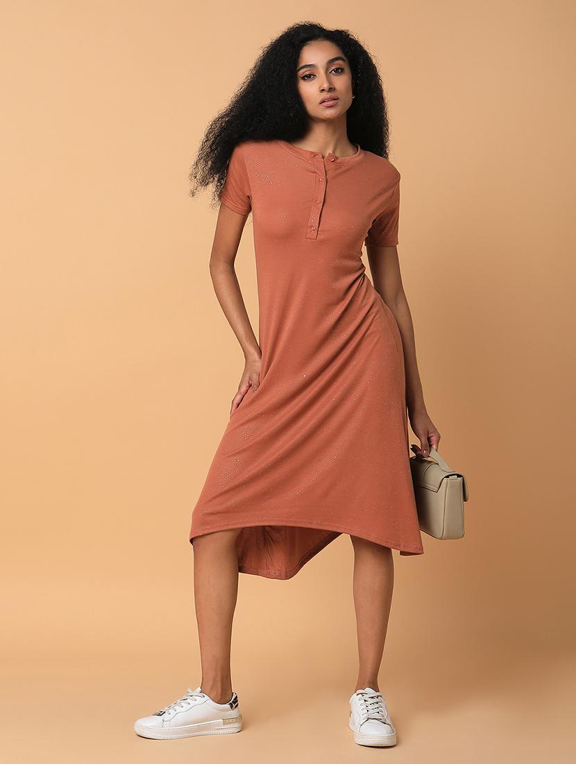 women rust solids short sleeves a-line dress - 21514550 - Standard Image - 4