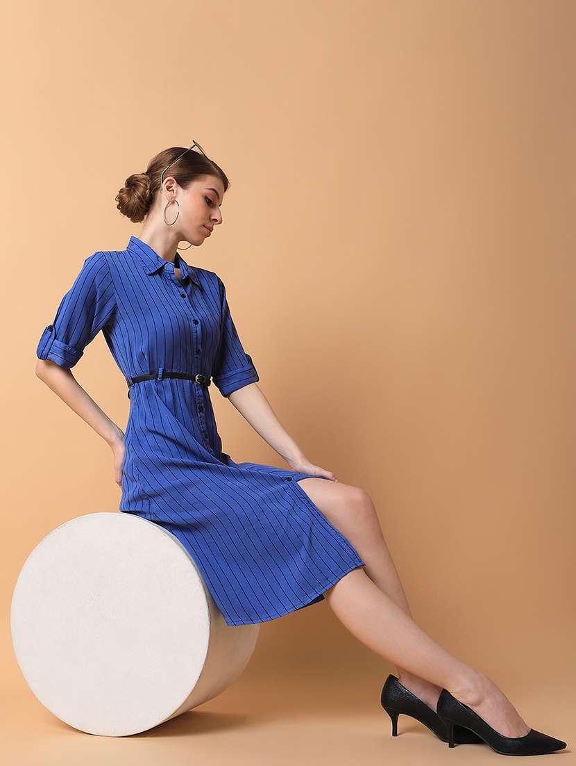 women blue stripes roll up sleeves a-line dress - 21514556 - Standard Image - 4