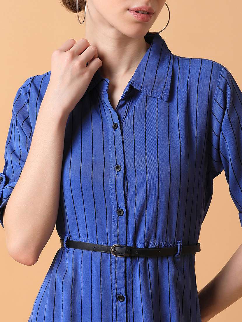 women blue stripes roll up sleeves a-line dress - 21514556 - Standard Image - 6