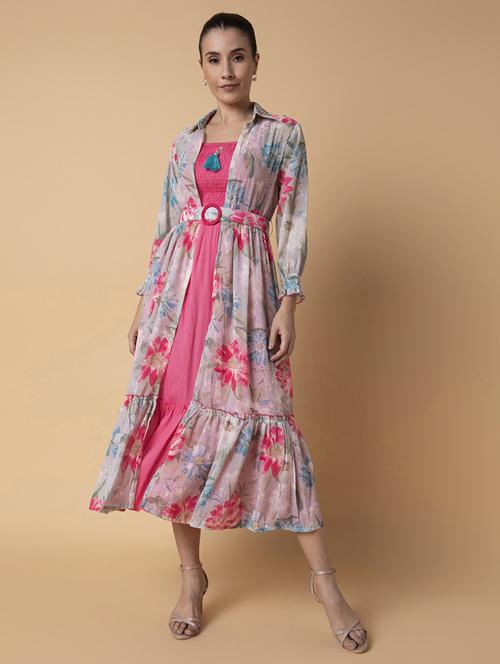 women floral printed tiered dress with shrug - 21514559 -  Standard Image - 0