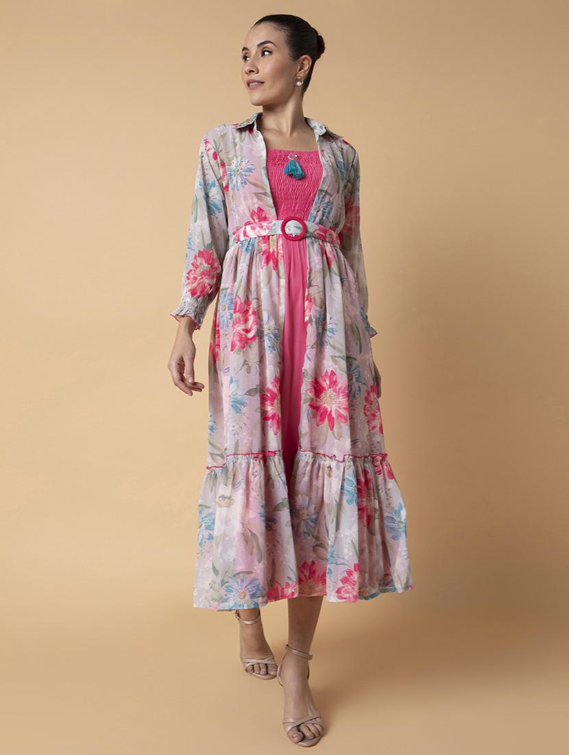 women floral printed tiered dress with shrug - 21514559 - Standard Image - 4