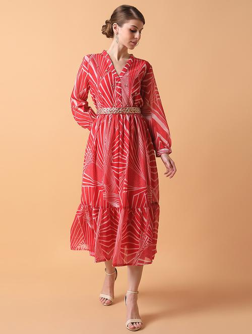 women pink printed v neck fit & flare dress - 21514561 - Standard Image - 0