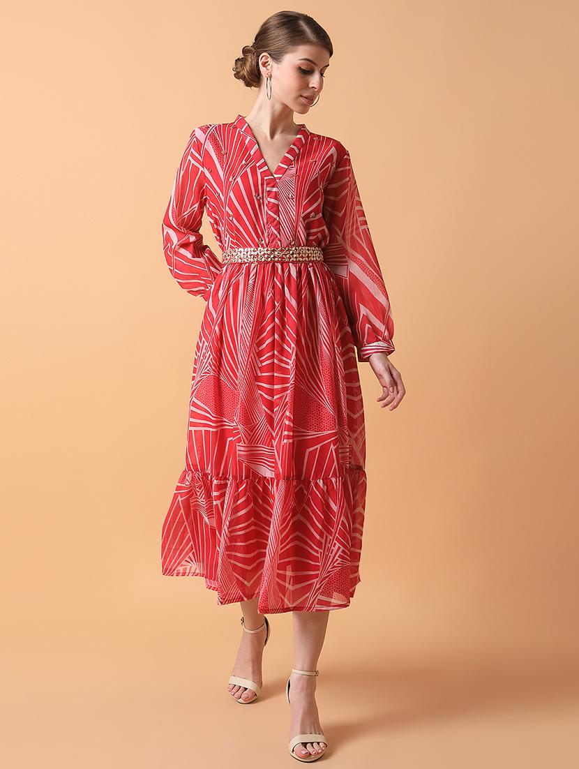 women pink printed v neck fit & flare dress - 21514561 - Zoom Image - 0