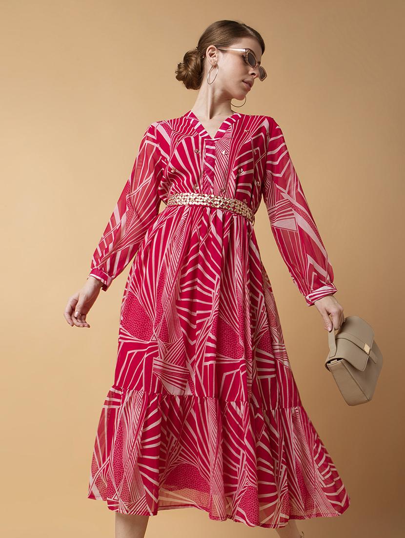 women pink printed v neck fit & flare dress - 21514561 - Standard Image - 1