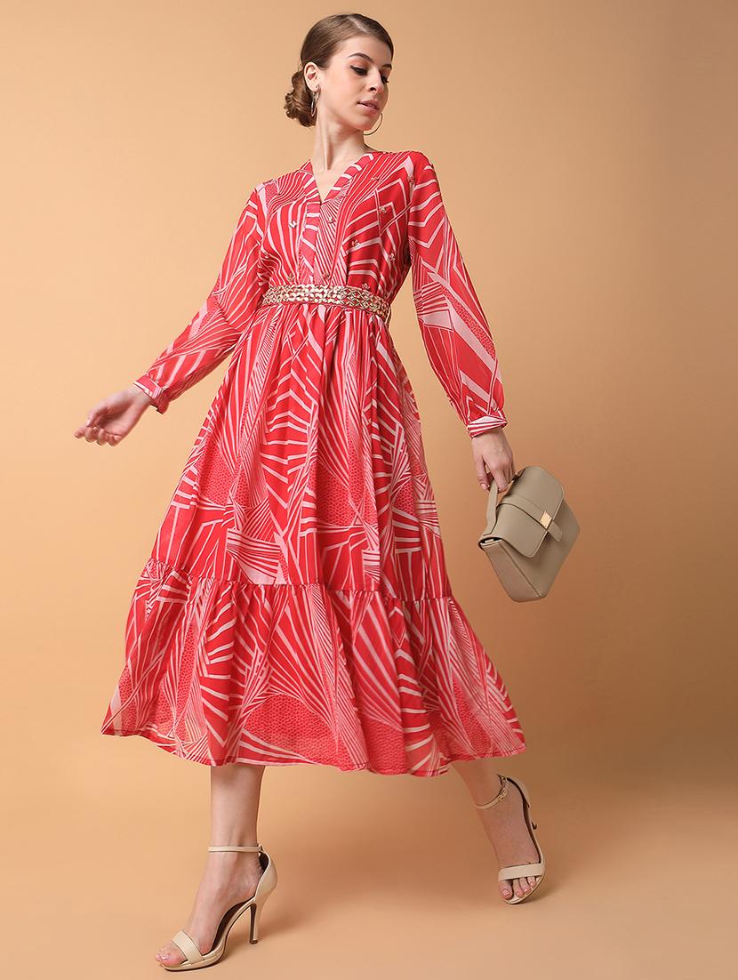 women pink printed v neck fit & flare dress - 21514561 - Standard Image - 4