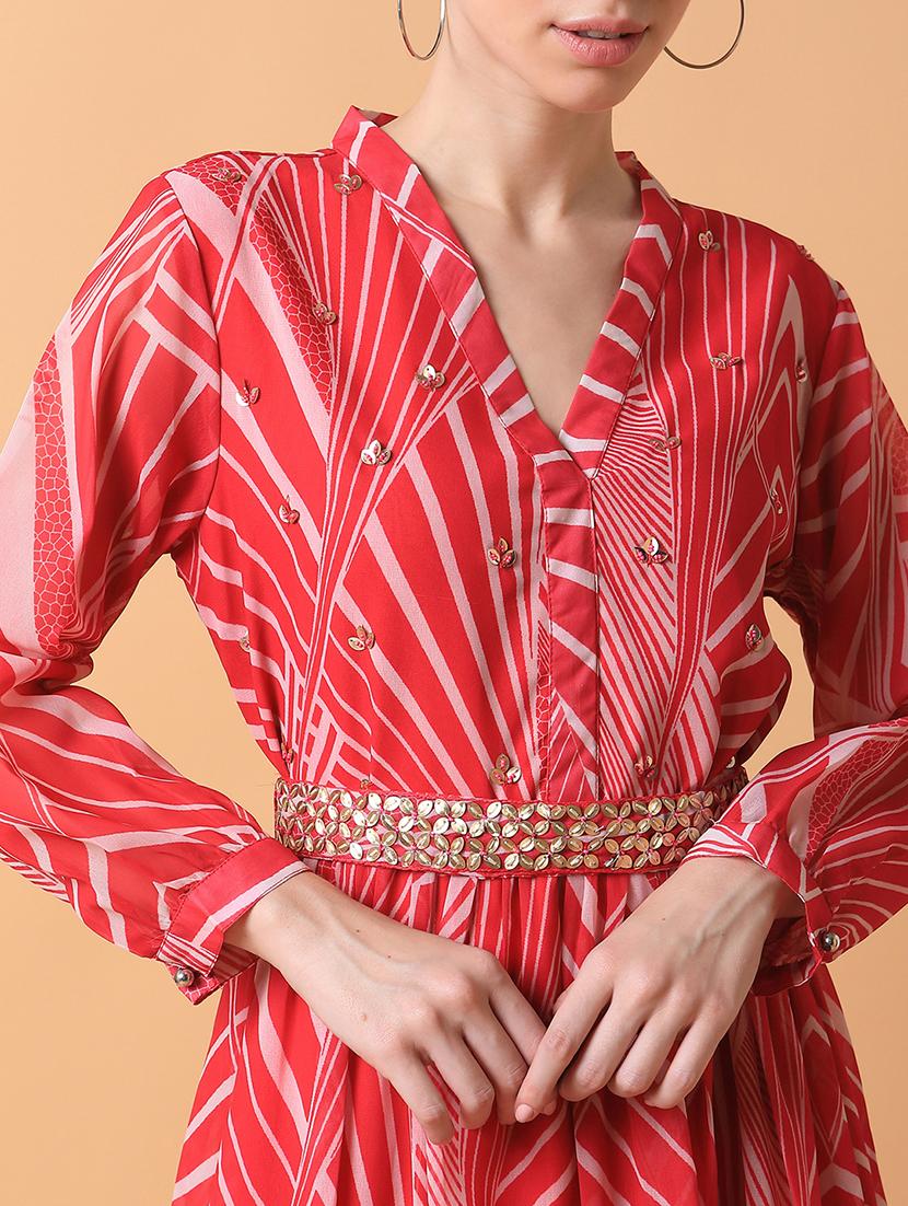women pink printed v neck fit & flare dress - 21514561 - Standard Image - 6