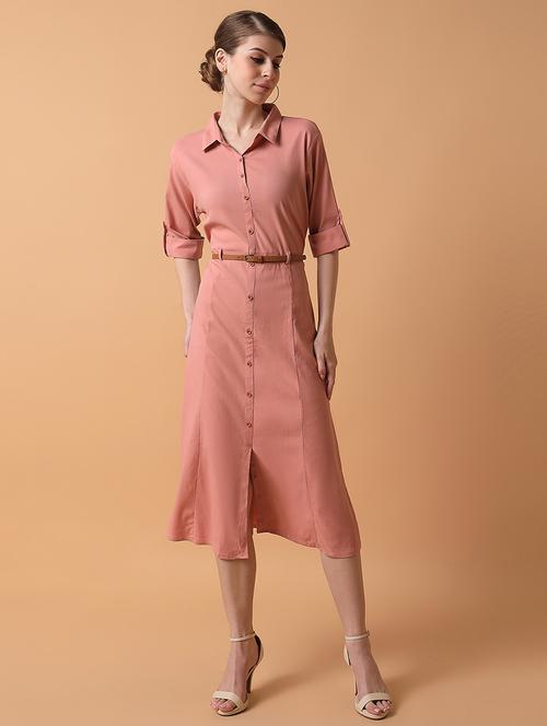 women peach solids roll up sleeves a-line dress - 21514563 - Standard Image - 0