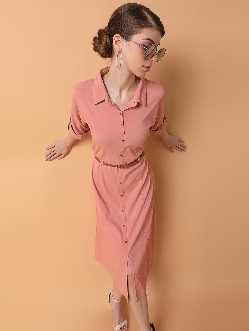 women peach solids roll up sleeves a-line dress - 21514563 - Standard Image - 1