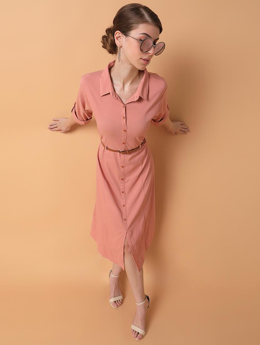 women peach solids roll up sleeves a-line dress - 21514563 - Standard Image - 4
