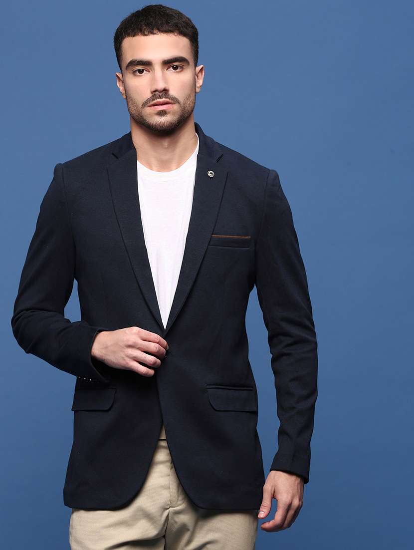men navy blue solids single breasted casual blazer