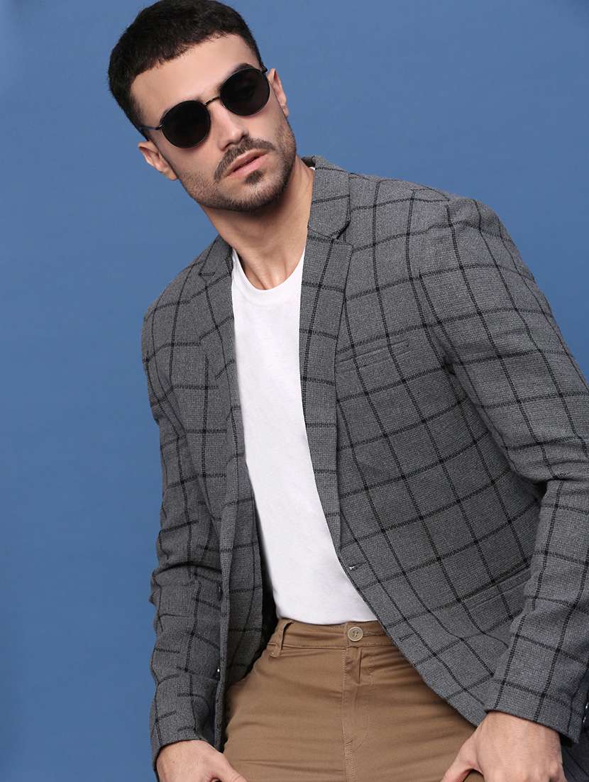 men long sleeve checks single breasted casual blazer - 21514598 -  Standard Image - 1