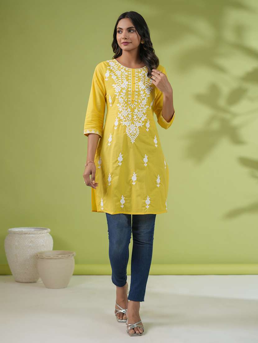 women chikankari work round neck kurti