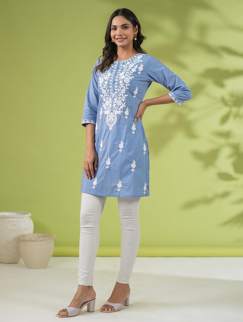women chikankari work round neck kurti - 21514602 - Standard Image - 1