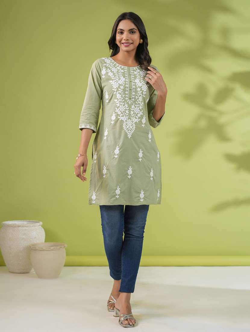 women chikankari work round neck kurti