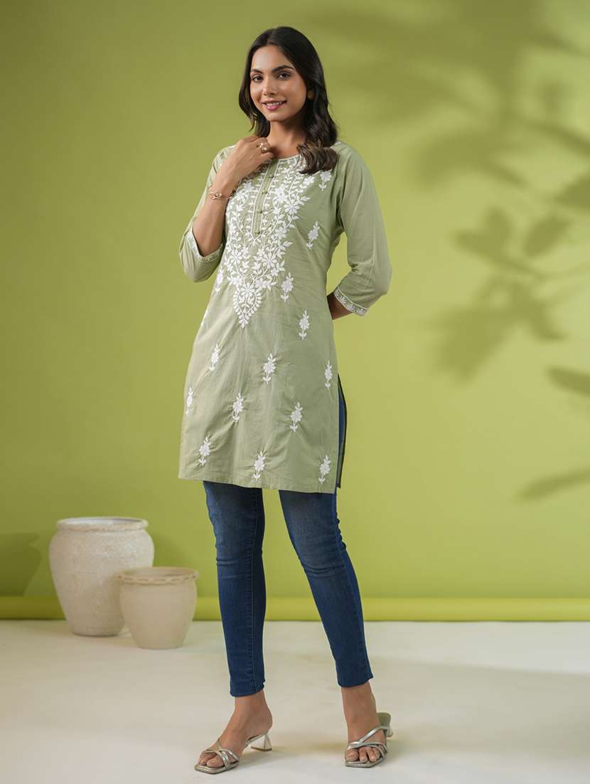 women chikankari work round neck kurti - 21514603 -  Standard Image - 1
