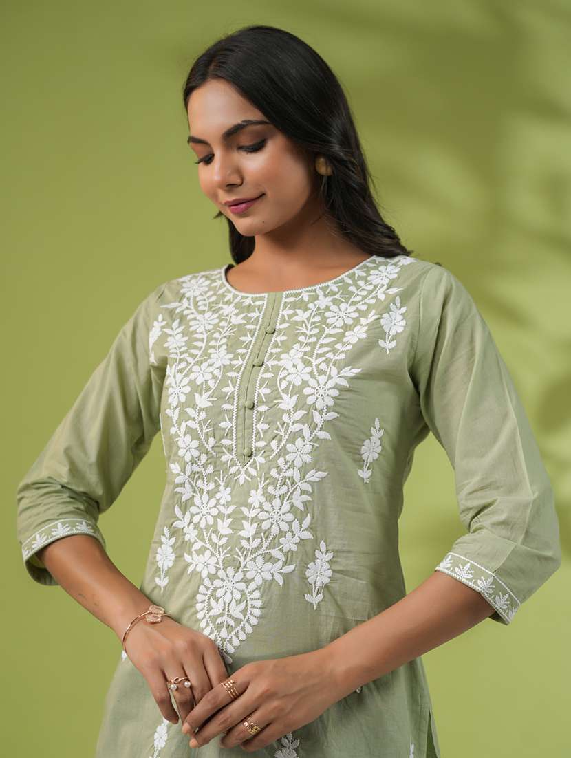 women chikankari work round neck kurti - 21514603 -  Standard Image - 4