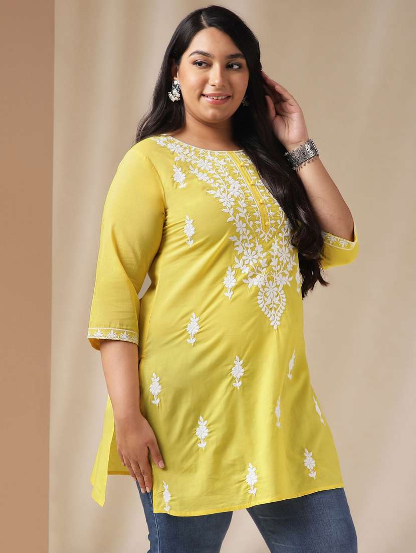 women chikankari work round neck kurti - 21514619 -  Standard Image - 1