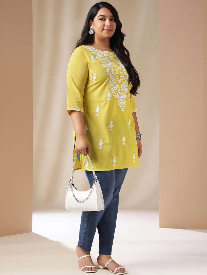 women chikankari work round neck kurti - 21514619 - Standard Image - 4