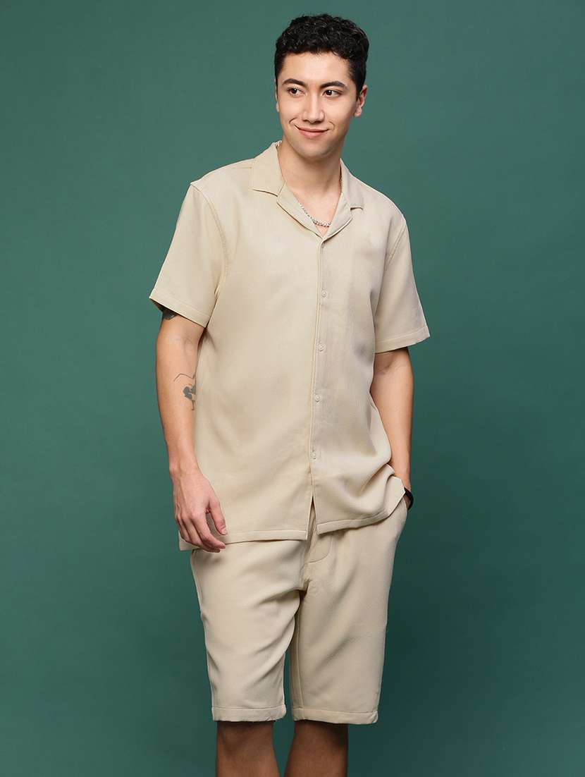 men beige solid co-ord set
