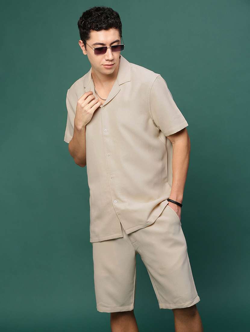 men beige solid co-ord set - 21514636 -  Standard Image - 1