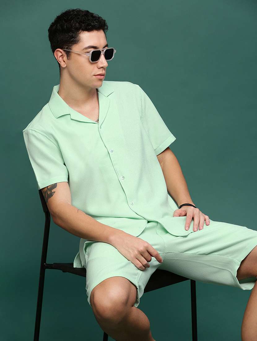 men green cotton blend shirt & shorts co-ord set - 21514639 -  Standard Image - 1