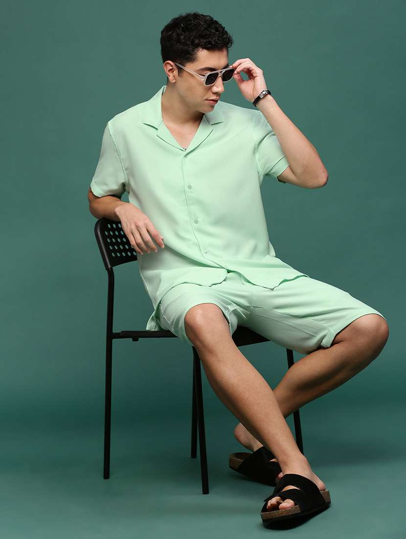 men green cotton blend shirt & shorts co-ord set - 21514639 -  Standard Image - 4