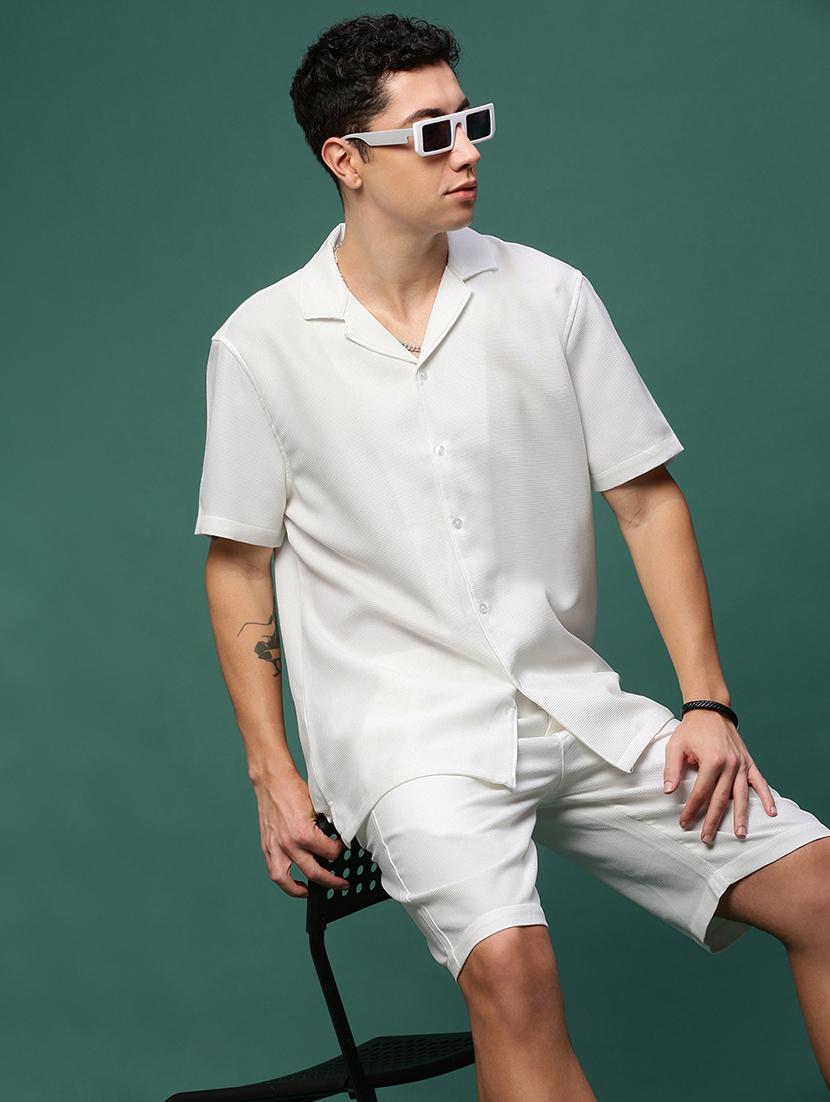 men white cotton blend shirt & shorts co-ord set - 21514640 -  Standard Image - 1