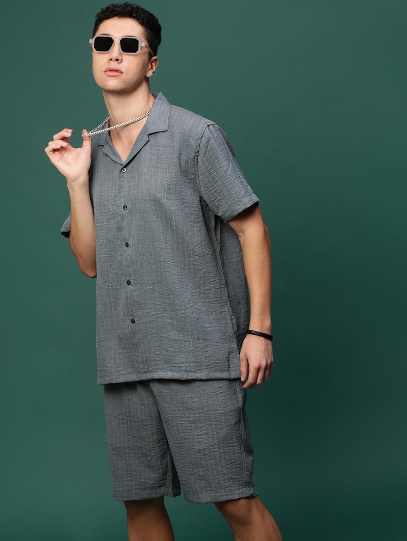 men grey cotton blend shirt & shorts co-ord set - 21514663 - Standard Image - 1