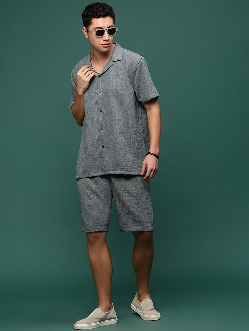 men grey cotton blend shirt & shorts co-ord set - 21514663 - Standard Image - 4