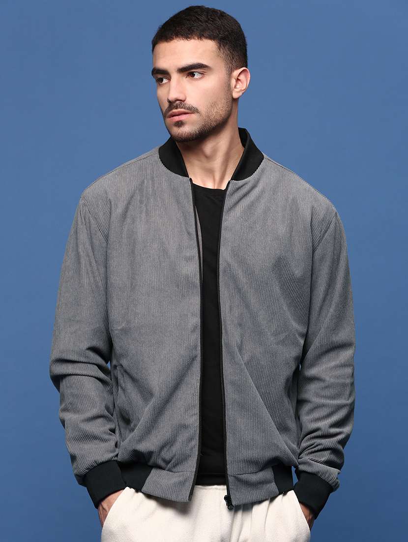 men grey solid long sleeve casual jacket