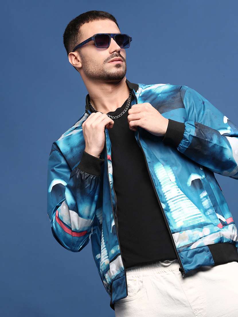 men blue printed bomber jacket - 21514679 -  Standard Image - 1