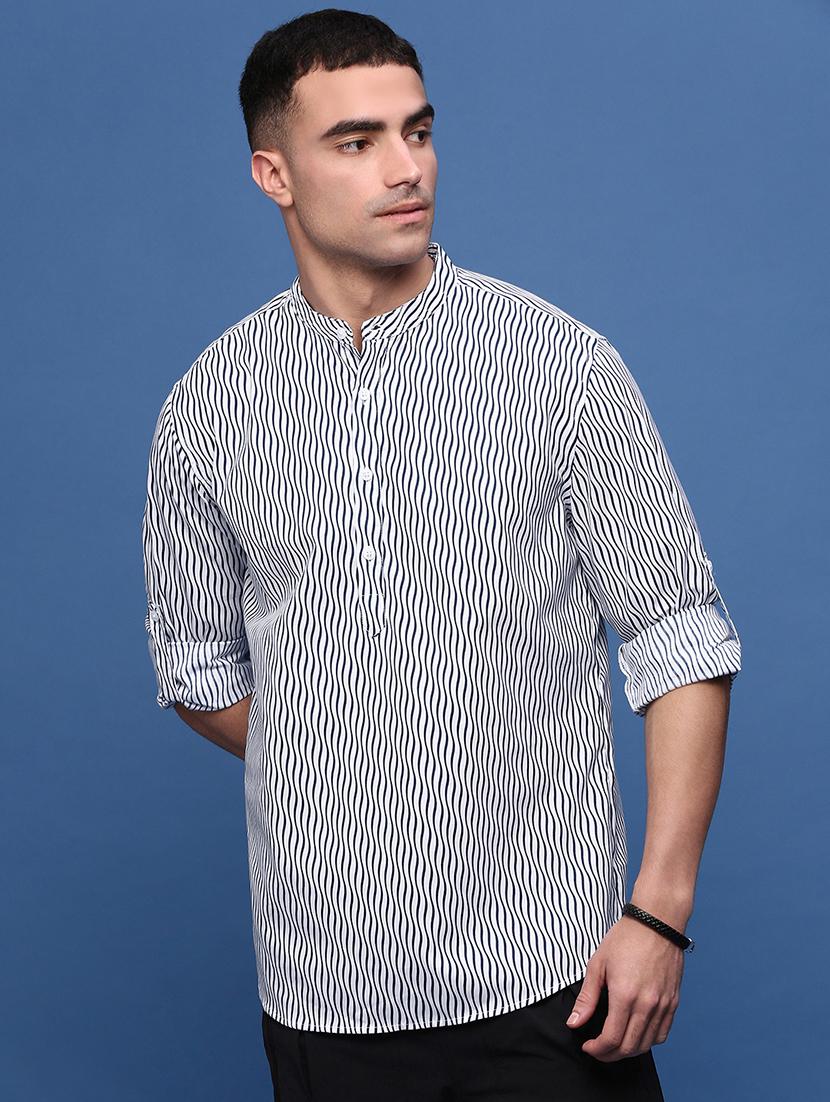 men mandarin neck stripes short kurta - 21514688 - Zoom Image - 0