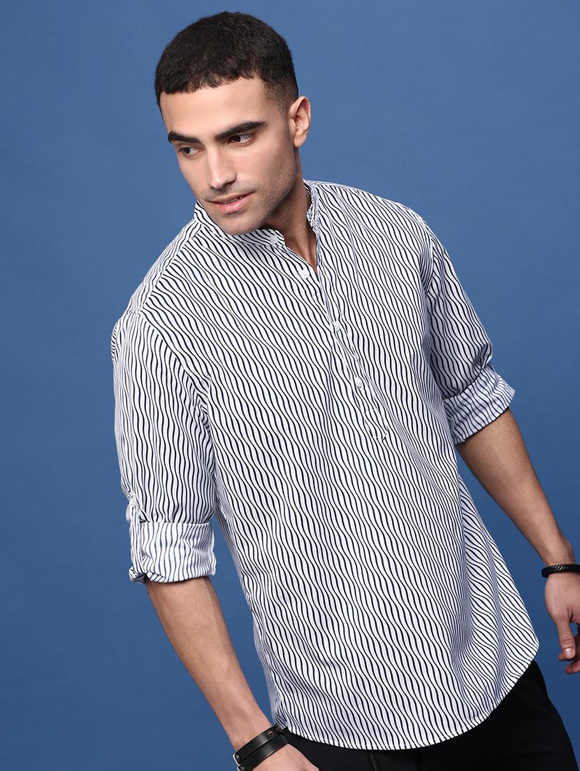 men mandarin neck stripes short kurta - 21514688 - Standard Image - 1