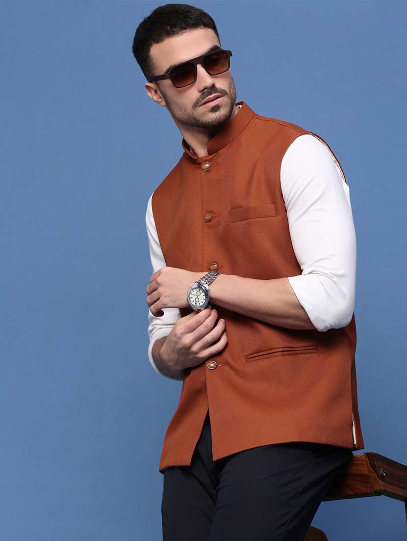 men rust solid nehru jacket - 21514690 -  Standard Image - 1