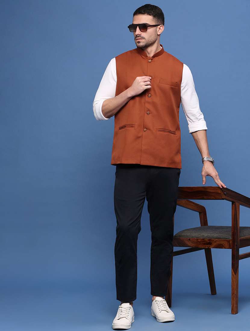 men rust solid nehru jacket - 21514690 -  Standard Image - 4