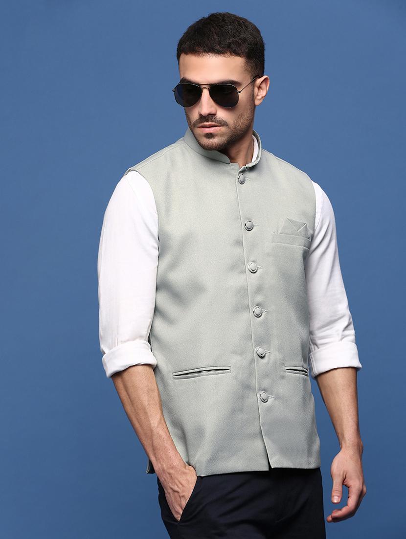 men sea green solid nehru jacket - 21514692 -  Standard Image - 1