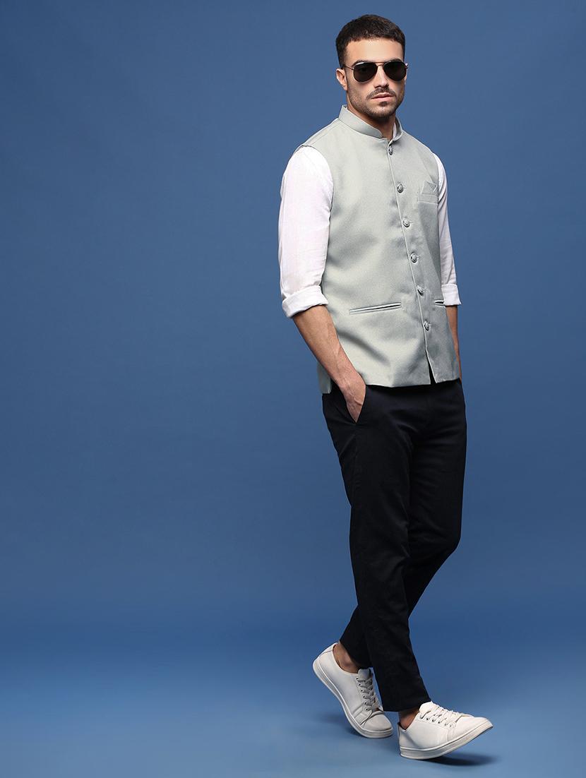 men sea green solid nehru jacket - 21514692 - Standard Image - 4