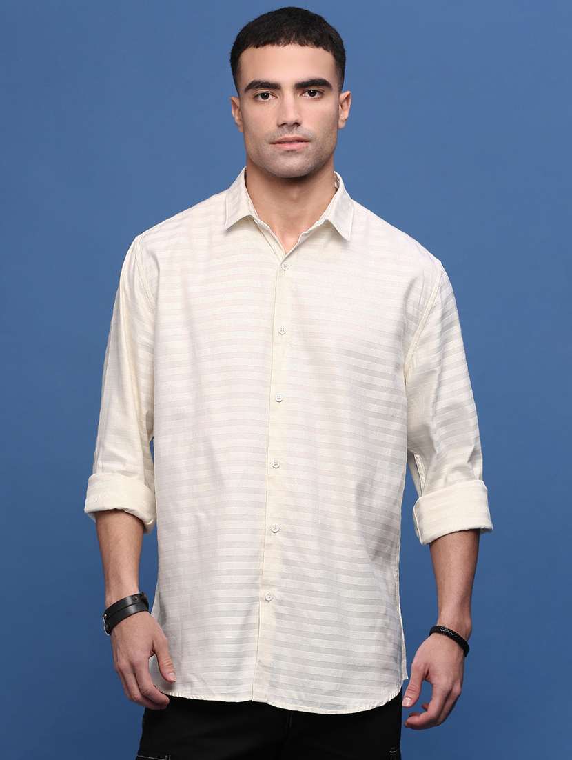 men cream cotton blend casual shirt