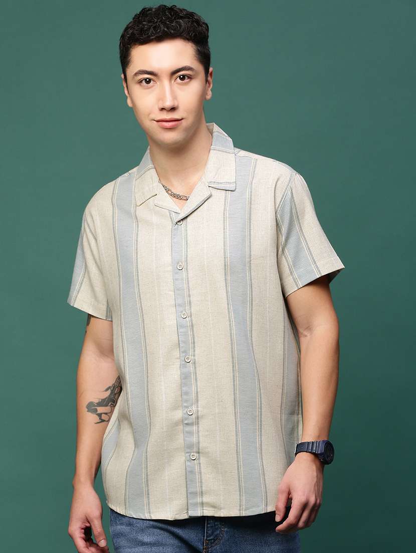 men cream cotton blend casual shirt