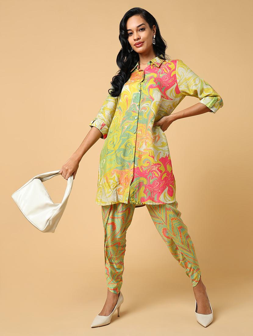women lime green viscose dhotti and top co-ord set - 21514850 - Standard Image - 1