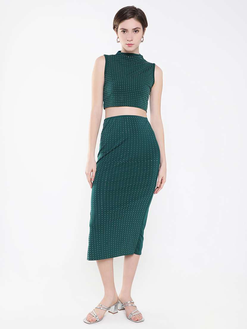 women bottle green embellished top and skirt co-ord set