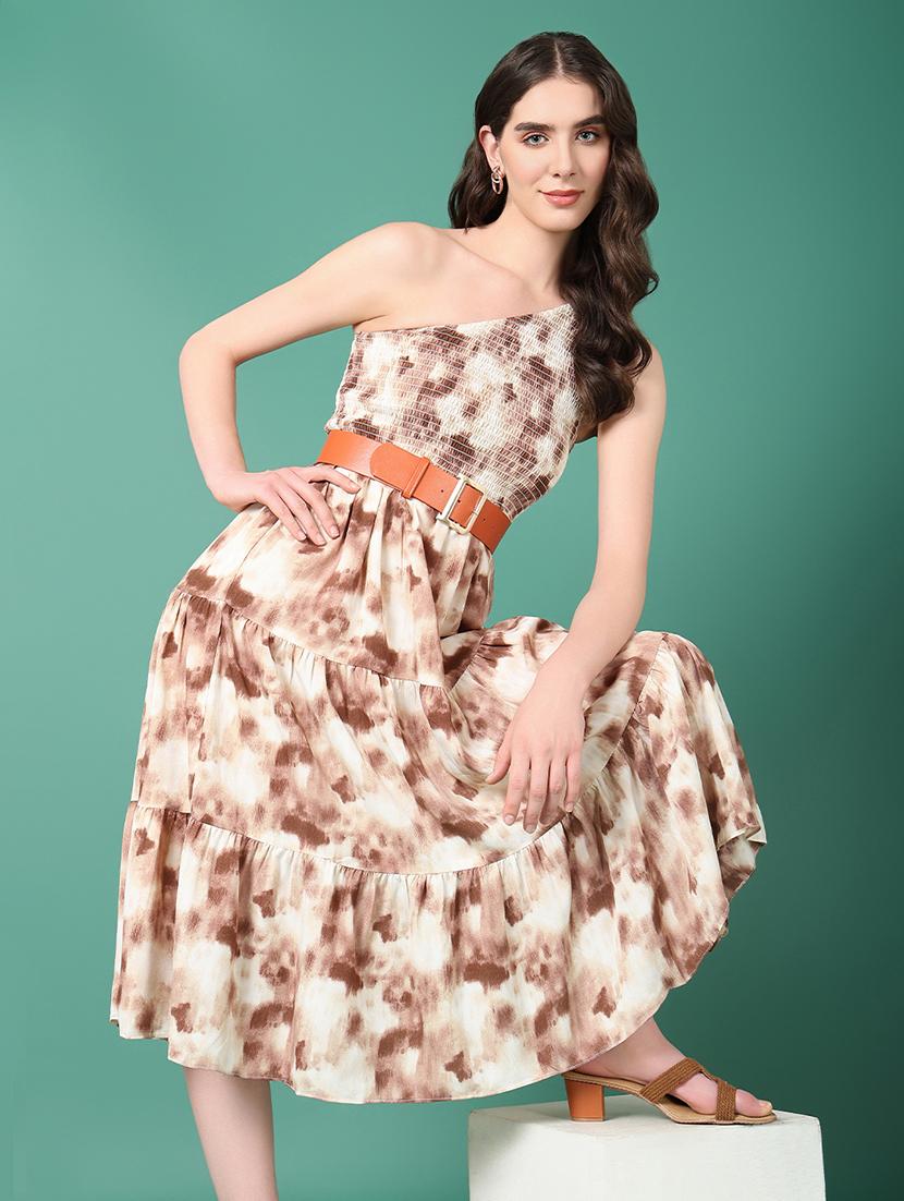 women brown single shoulder neck fit & flare dress - 21514873 -  Standard Image - 1