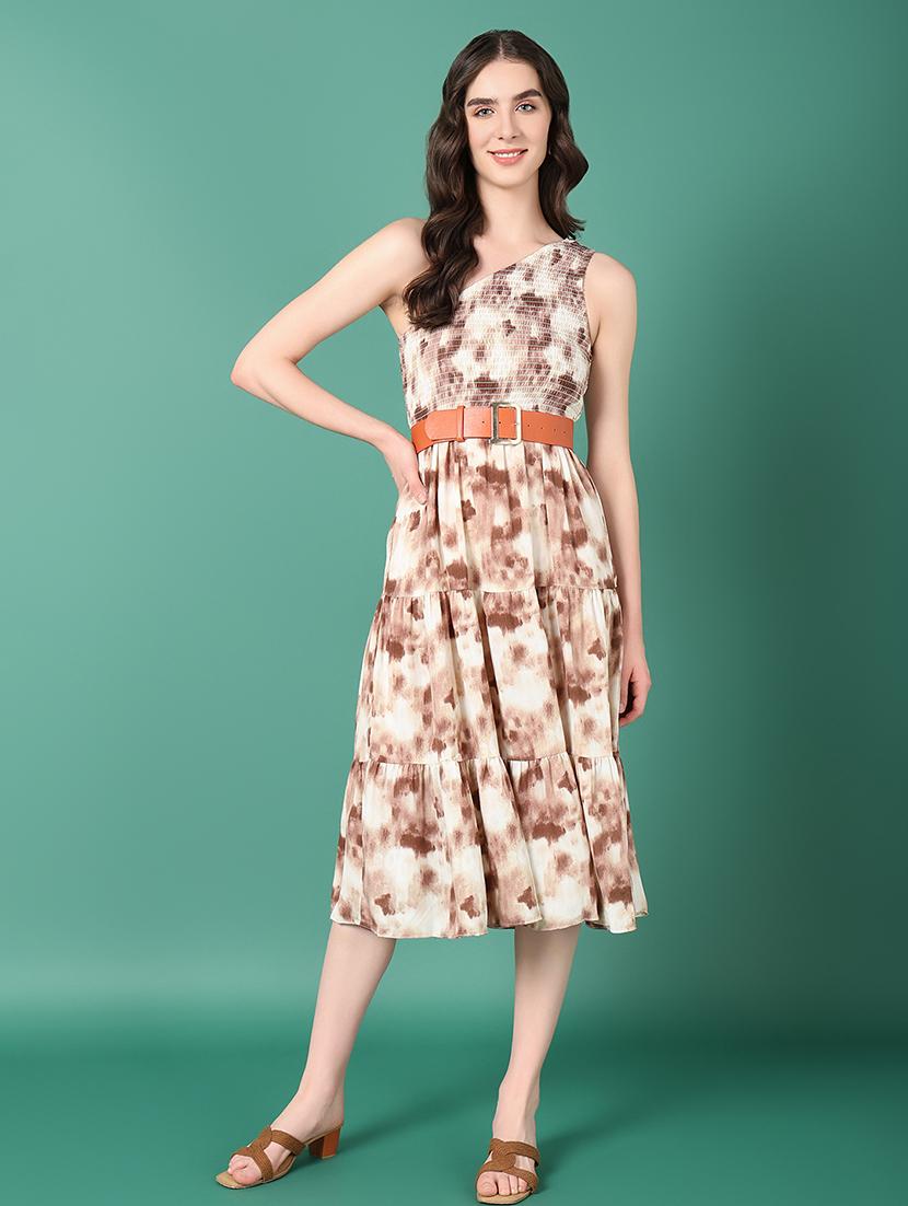 women brown single shoulder neck fit & flare dress - 21514873 - Standard Image - 4