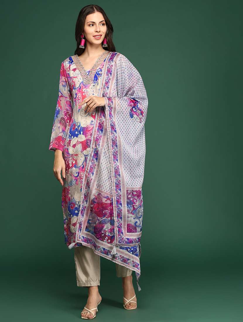 women multi color printed kurta pant set with dupatta