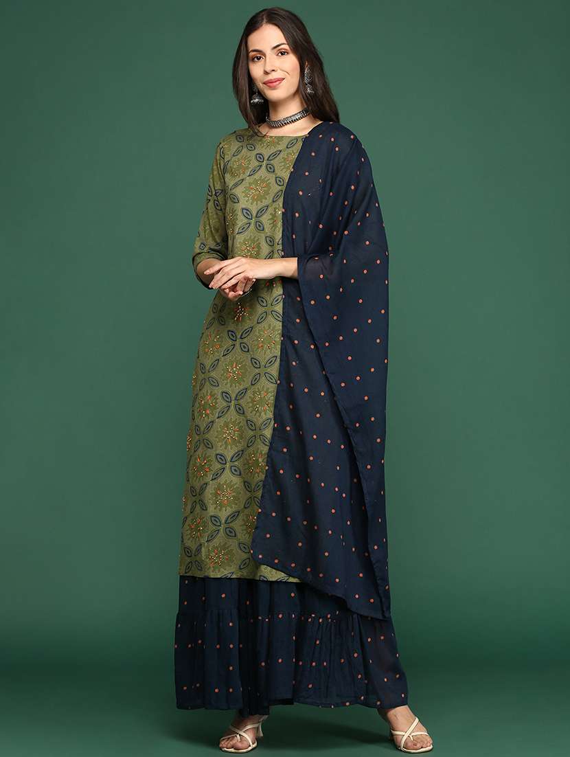 women olive printed kurta skirt set with dupatta