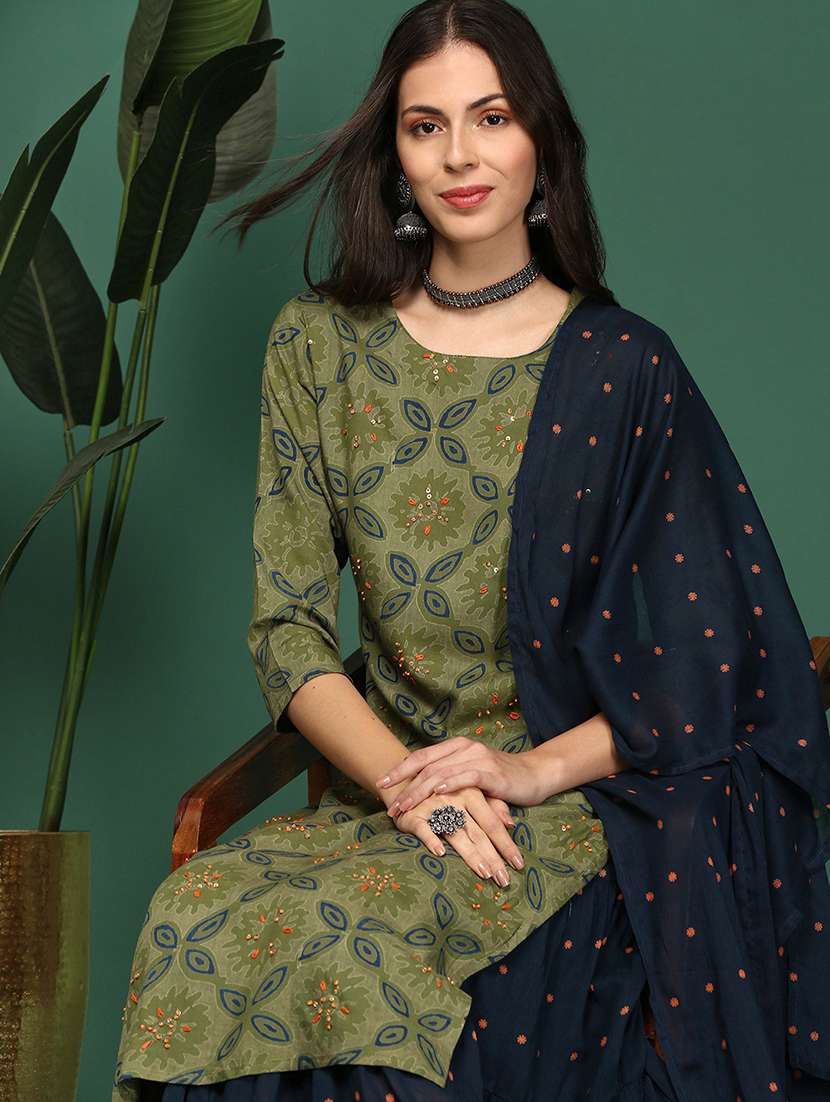 women olive printed kurta skirt set with dupatta - 21514920 -  Standard Image - 1