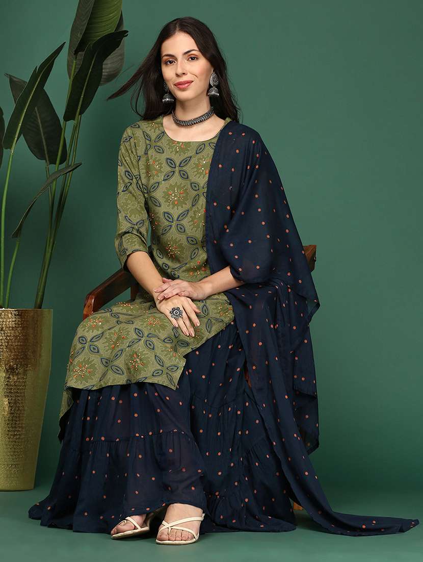 women olive printed kurta skirt set with dupatta - 21514920 - Standard Image - 4