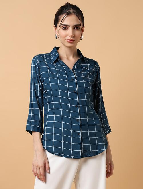 women teal cotton blend regular shirt - 21514925 - Standard Image - 0