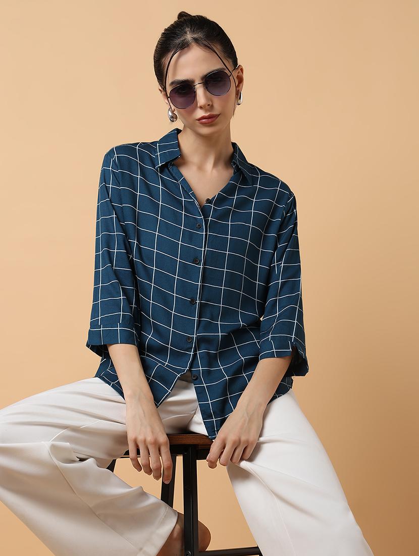 women teal cotton blend regular shirt - 21514925 - Standard Image - 1