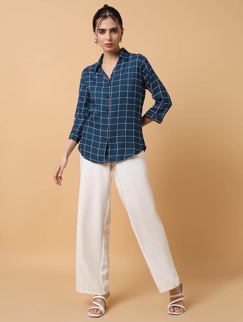 women teal cotton blend regular shirt - 21514925 - Standard Image - 4